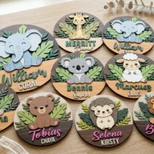 Letrero con nombre de bebé con animales de safari para corte con láser